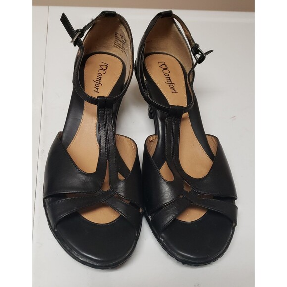 I Love Comfort Women's Black Leather Open Toe Strap Low Heel Sz 8M PO Excellent - Picture 1 of 12
